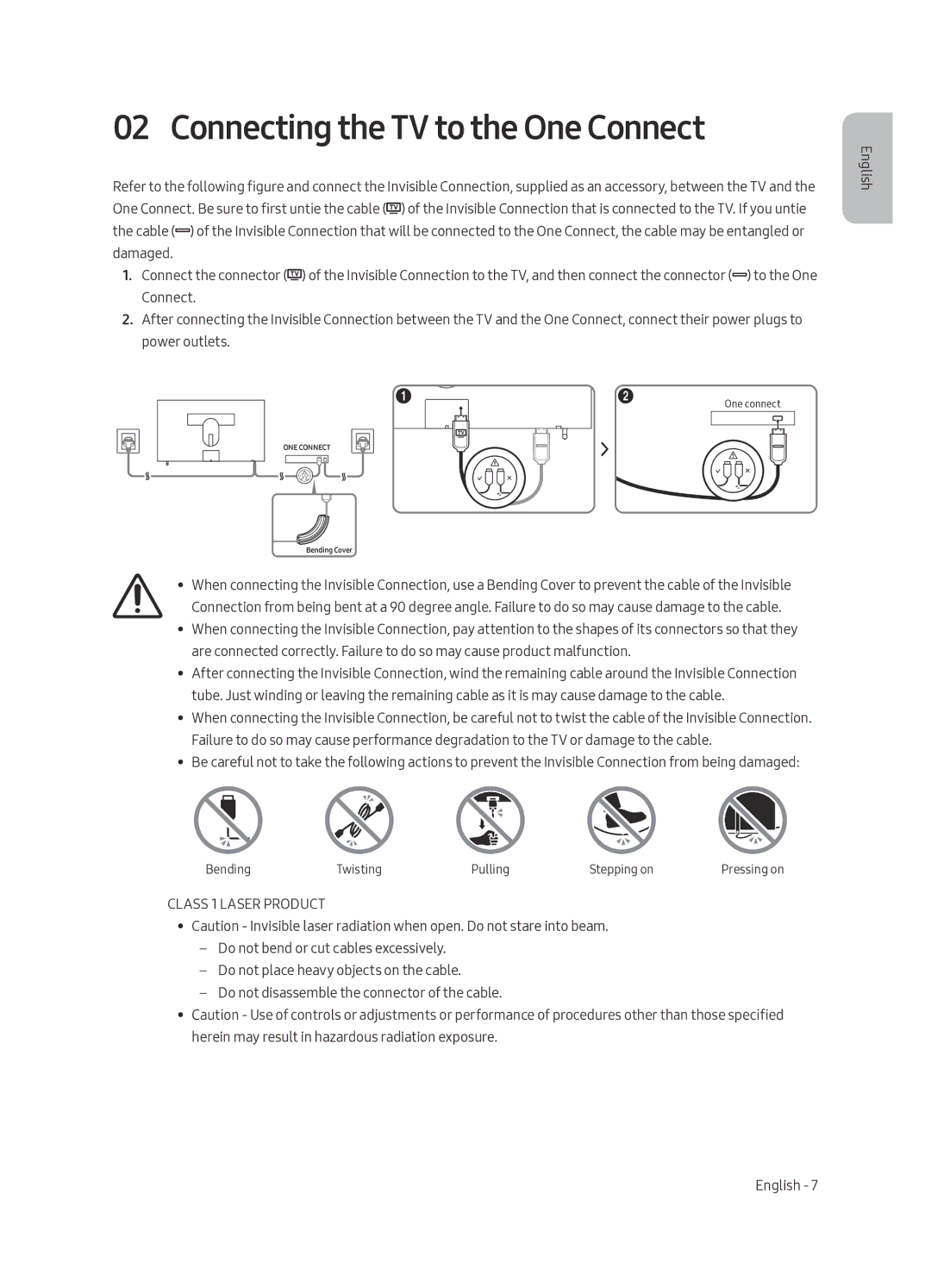 Samsung UE43LS003ASXXN manual Connecting the TV to the One Connect, Class 1 Laser Product 