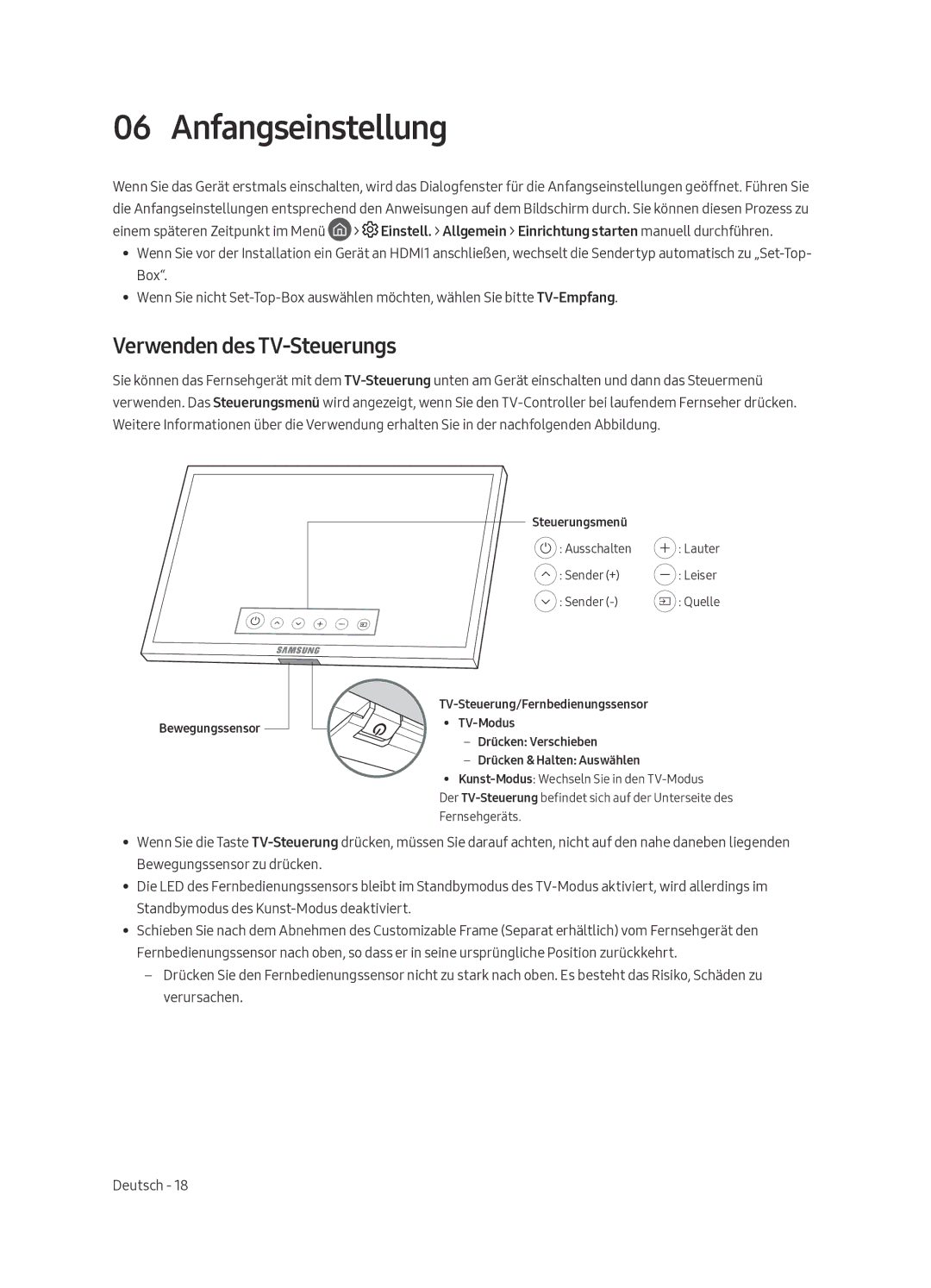 Samsung UE43LS003ASXXN manual Anfangseinstellung, Verwenden des TV-Steuerungs 