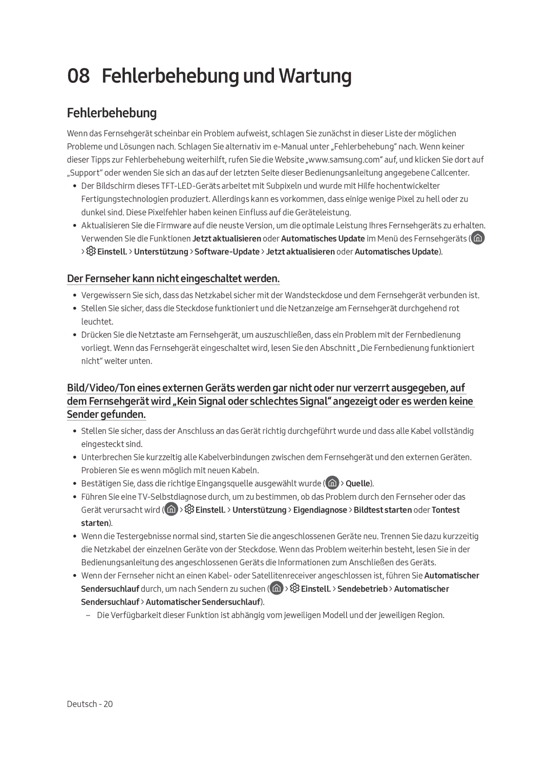 Samsung UE43LS003ASXXN manual Fehlerbehebung und Wartung, Der Fernseher kann nicht eingeschaltet werden 