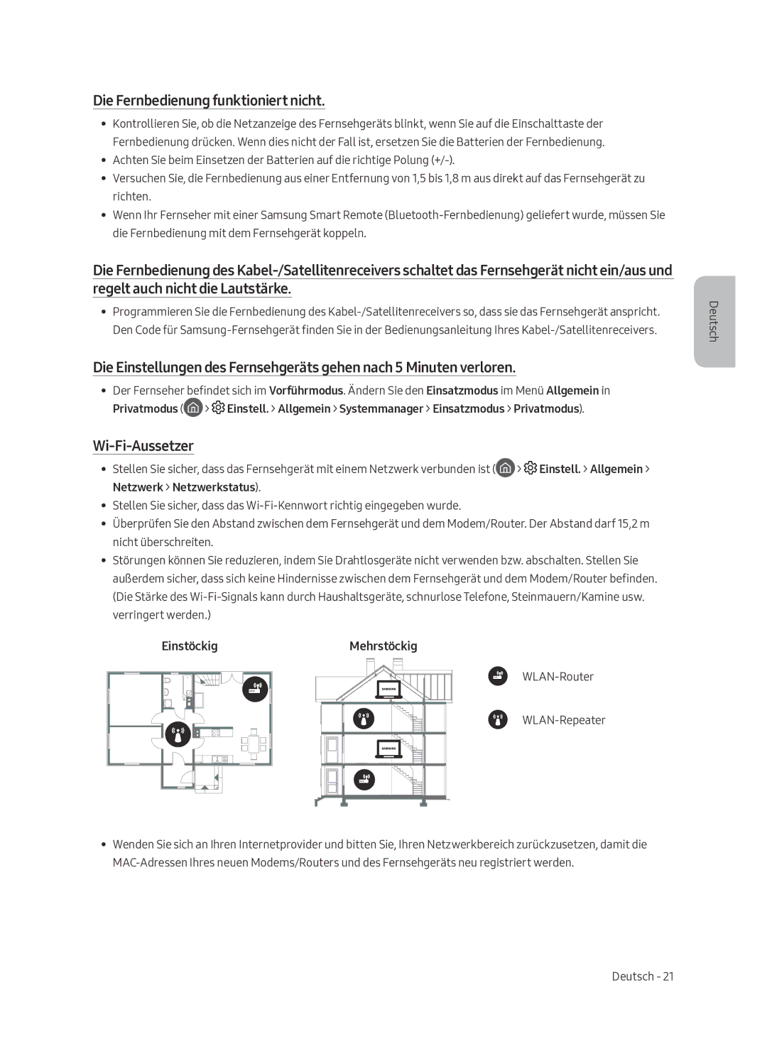 Samsung UE43LS003ASXXN manual Die Fernbedienung funktioniert nicht, Wi-Fi-Aussetzer, EinstöckigMehrstöckig 