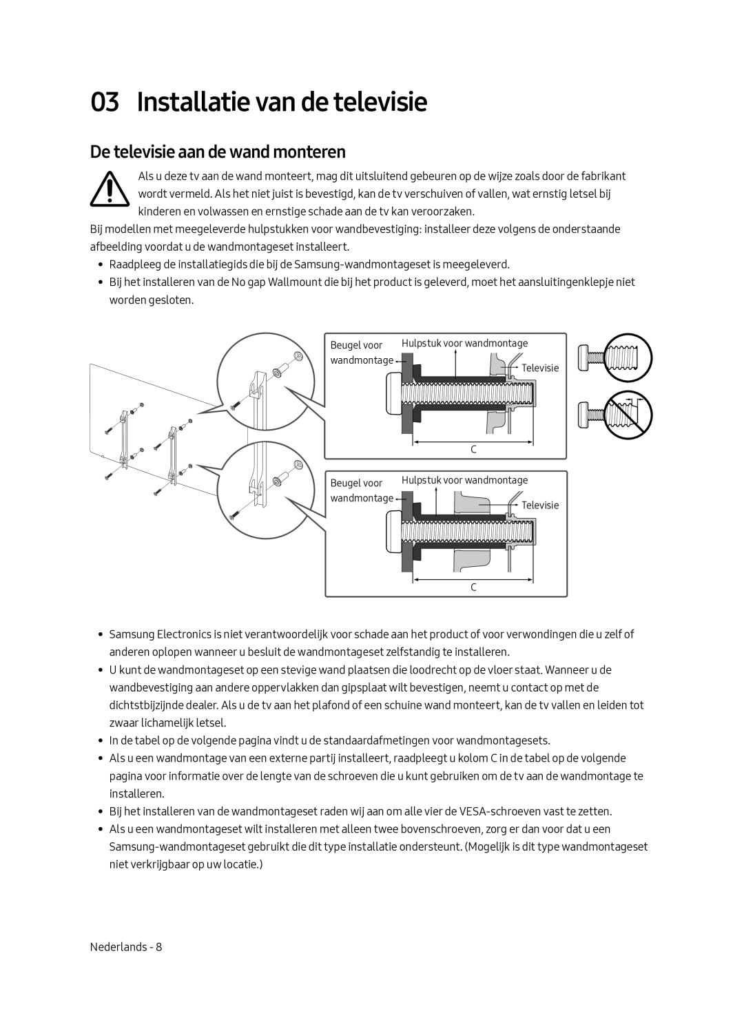 Samsung UE43LS003ASXXN manual Installatie van de televisie, De televisie aan de wand monteren 