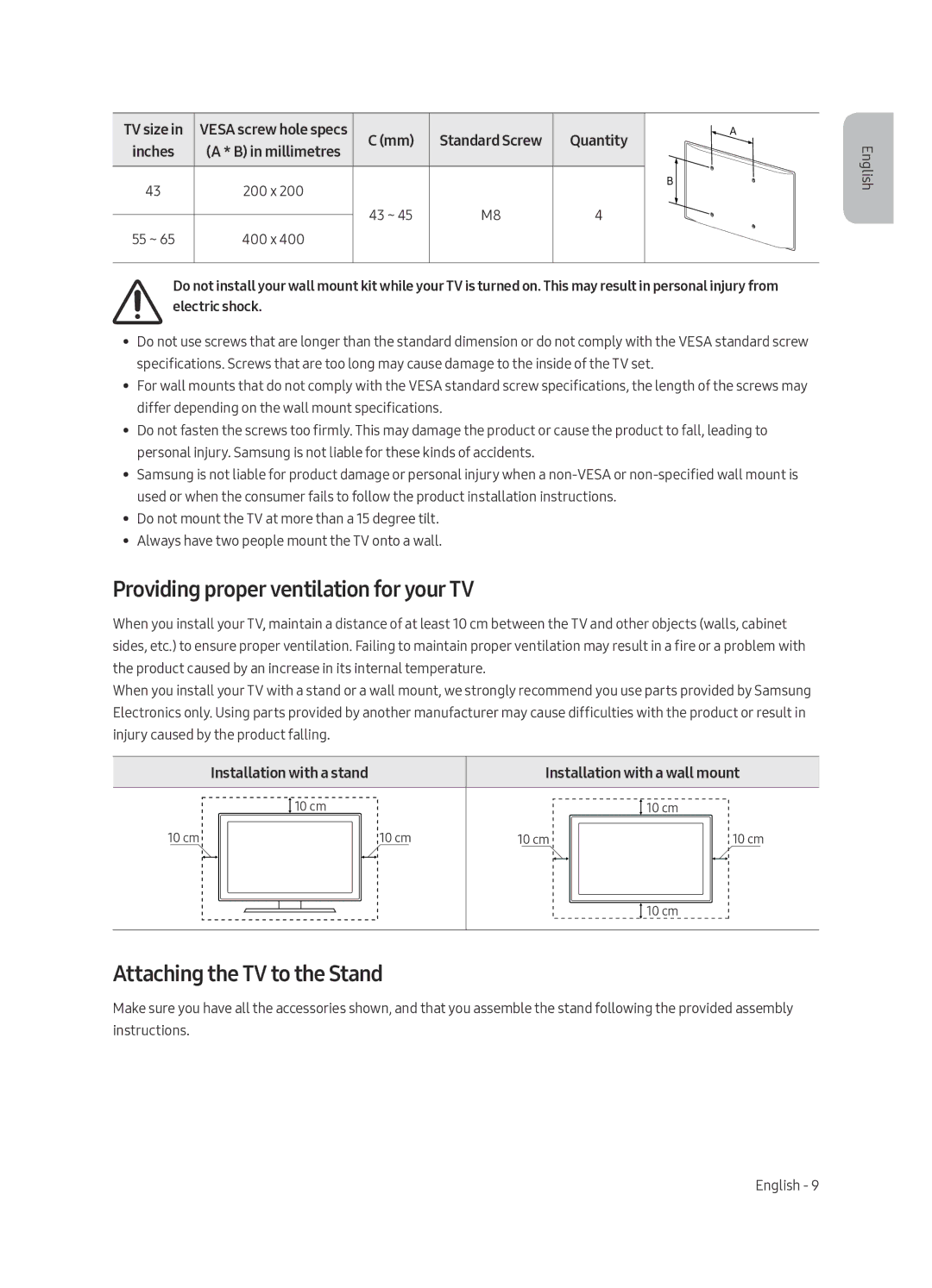 Samsung UE43LS003ASXXN manual Providing proper ventilation for your TV, Attaching the TV to the Stand, Quantity 