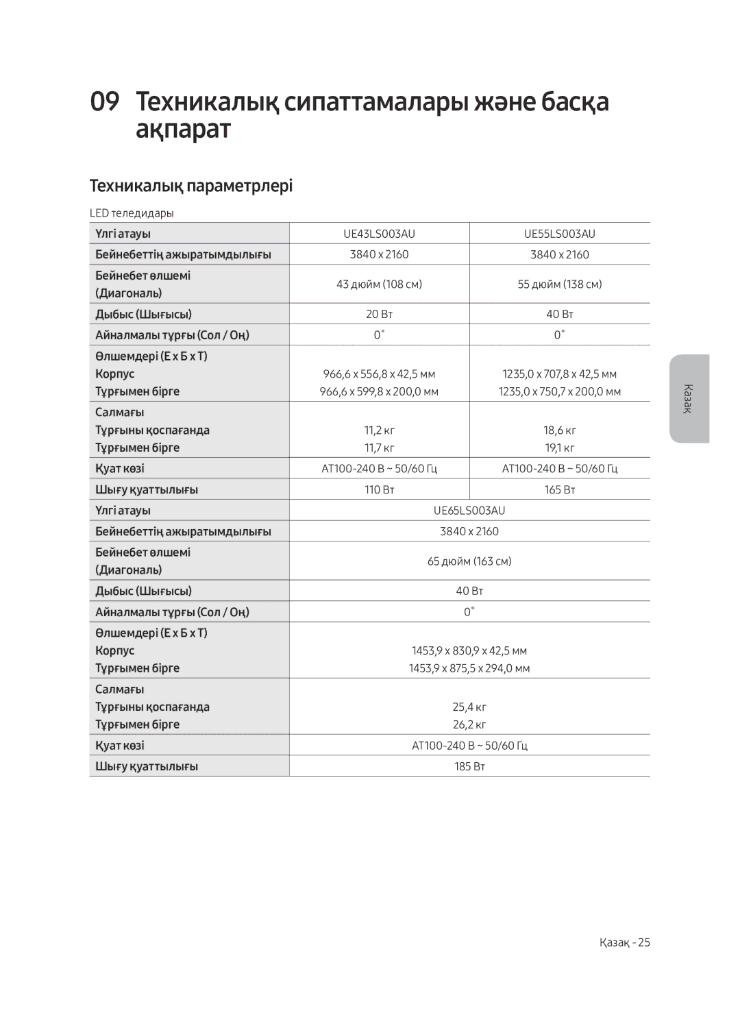 Samsung UE43LS003AUXRU manual 09 Техникалық сипаттамалары және басқа ақпарат, Техникалық параметрлері 