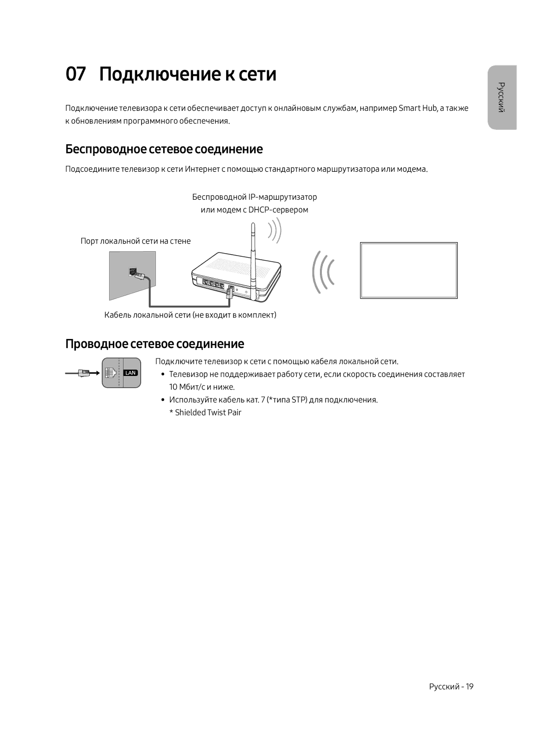 Samsung UE43LS003AUXRU manual 07 Подключение к сети, Беспроводное сетевое соединение, Проводное сетевое соединение 