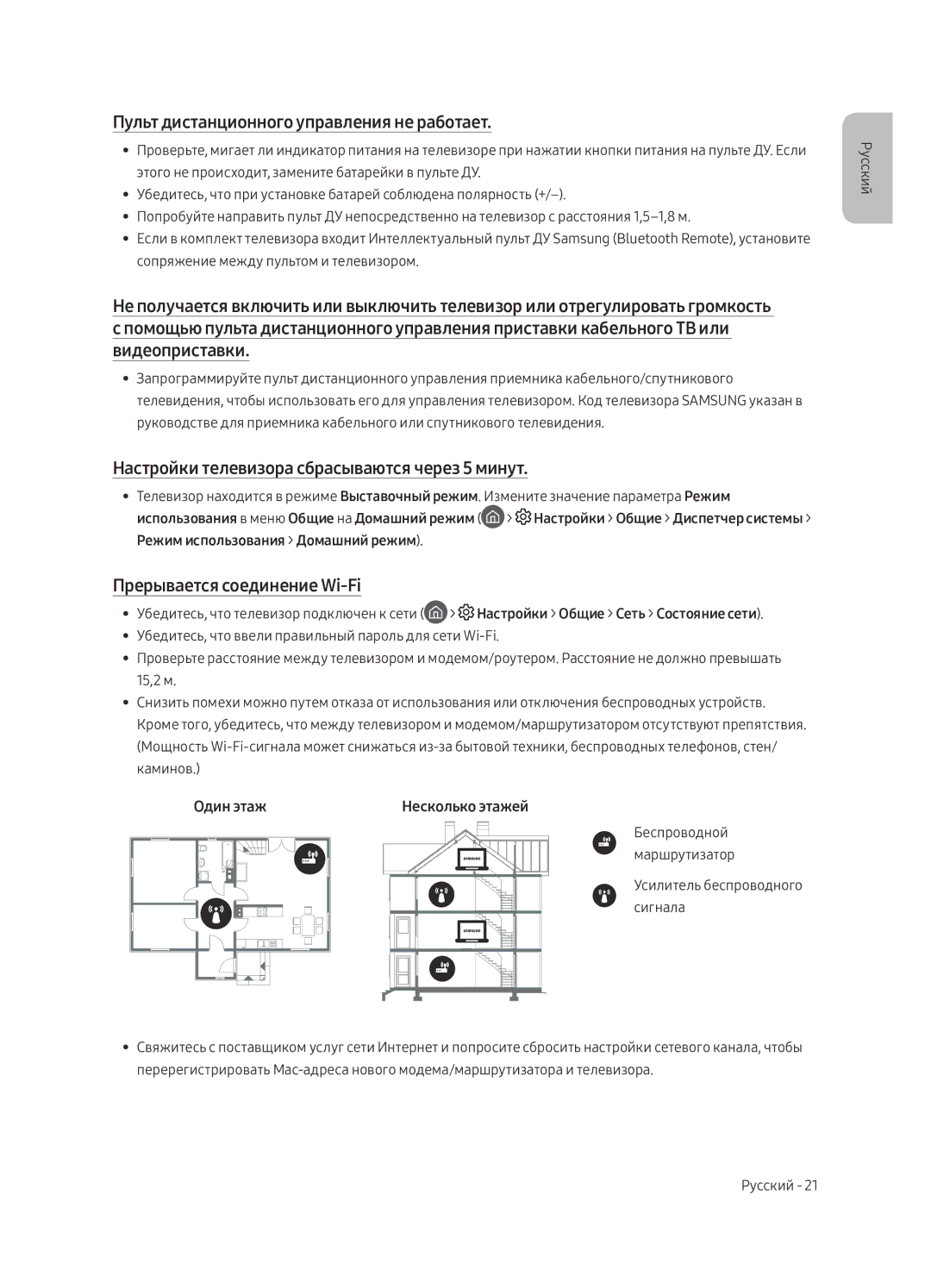 Samsung UE43LS003AUXRU manual Пульт дистанционного управления не работает, Настройки телевизора сбрасываются через 5 минут 