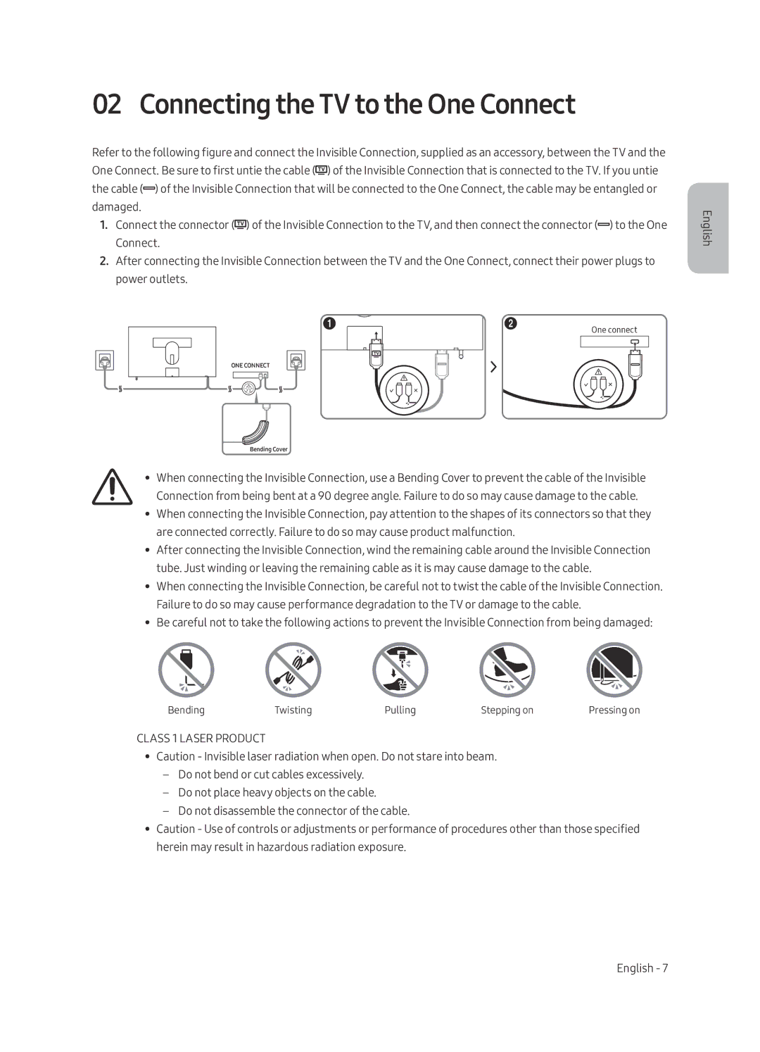 Samsung UE43LS003AUXRU manual Connecting the TV to the One Connect, Class 1 Laser Product 