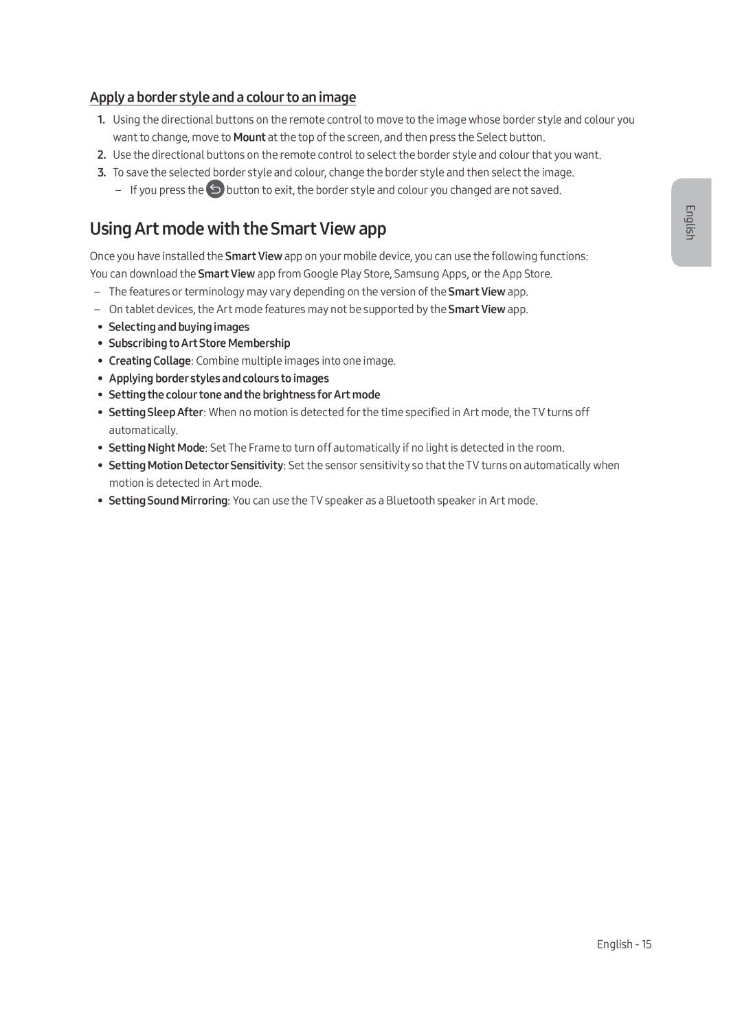 Samsung UE43LS003AUXRU manual Using Art mode with the Smart View app, Apply a border style and a colour to an image 