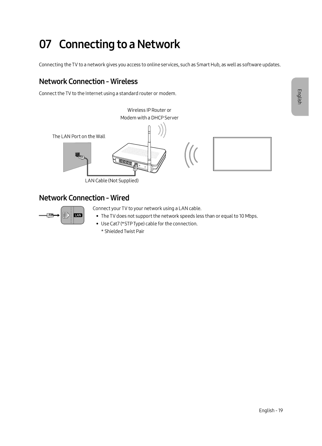 Samsung UE43LS003AUXRU manual Connecting to a Network, Network Connection Wireless, Network Connection Wired 