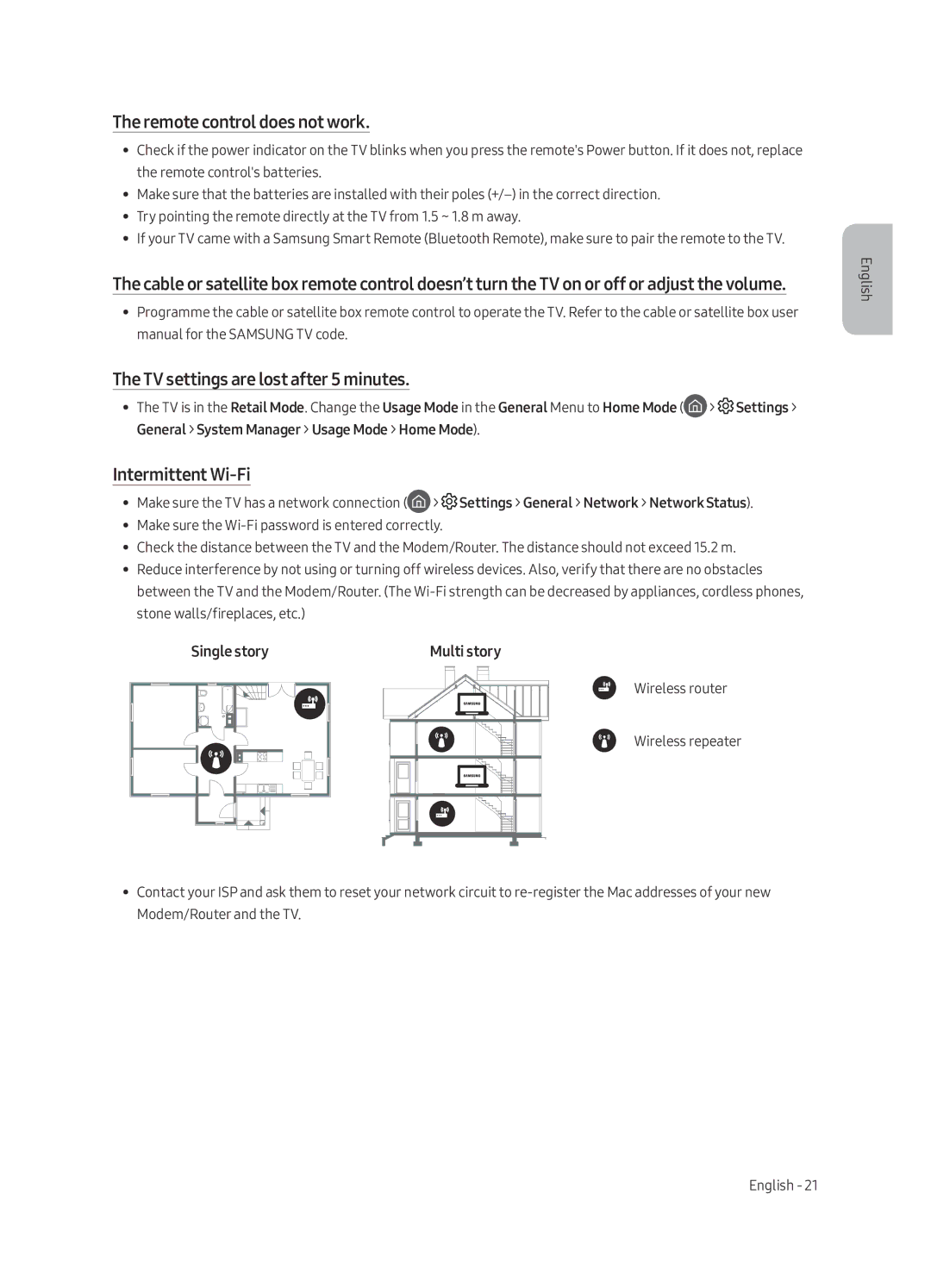 Samsung UE43LS003AUXRU manual Remote control does not work, TV settings are lost after 5 minutes, Intermittent Wi-Fi 