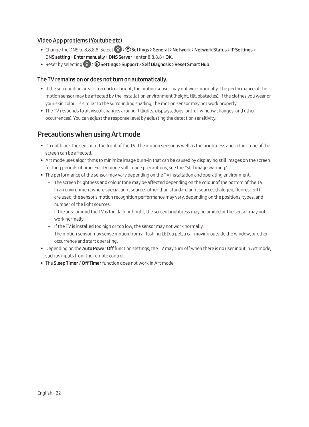 Samsung UE43LS003AUXRU manual Precautions when using Art mode, Video App problems Youtube etc 