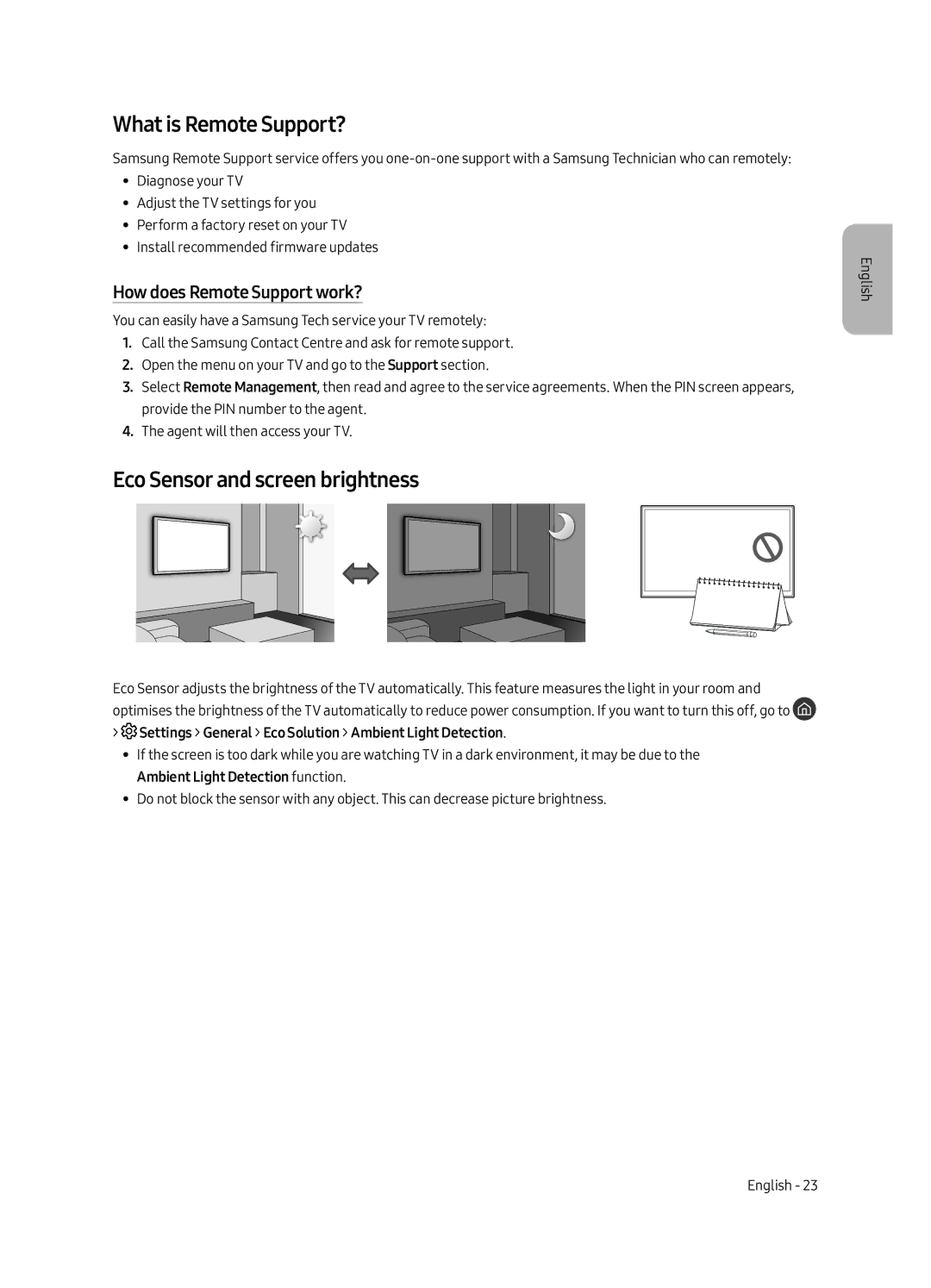 Samsung UE43LS003AUXRU manual What is Remote Support?, Eco Sensor and screen brightness, How does Remote Support work? 