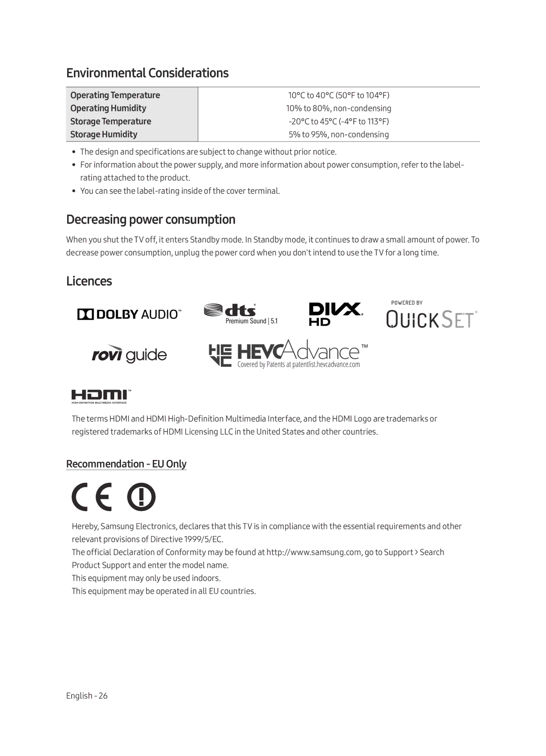 Samsung UE43LS003AUXRU manual Environmental Considerations, Decreasing power consumption, Licences, Recommendation EU Only 