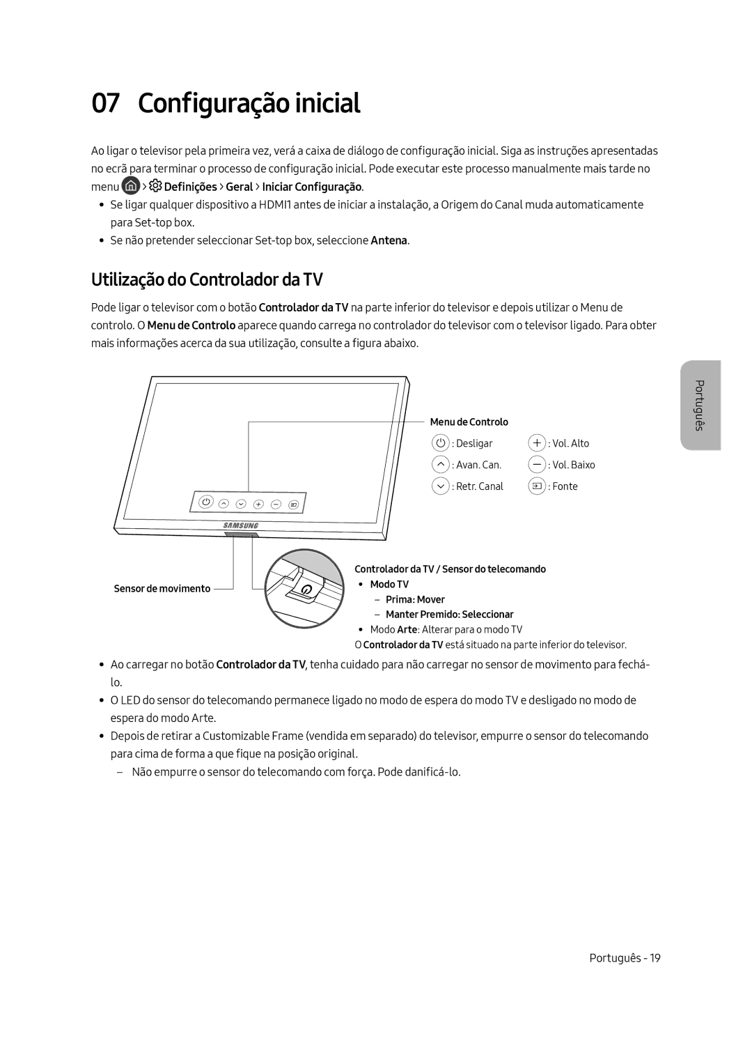 Samsung UE43LS003AUXXU, UE43LS003AUXZG, UE43LS003AUXXC, UE43LS003AUXZT Configuração inicial, Utilização do Controlador da TV 