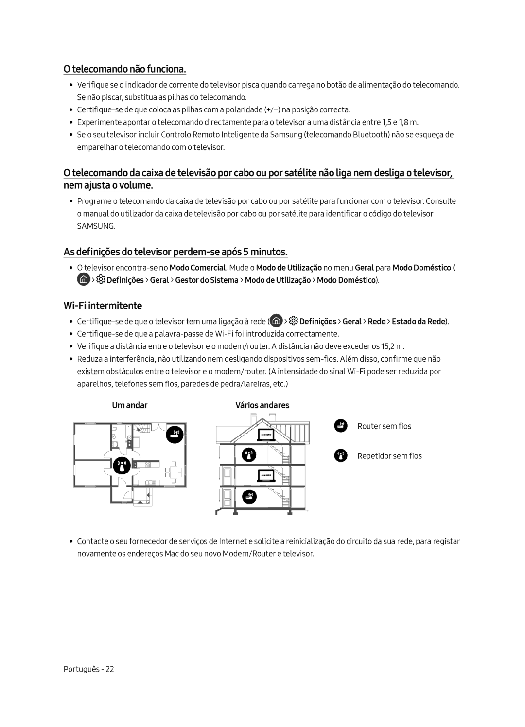 Samsung UE43LS003AUXZT, UE43LS003AUXZG manual Telecomando não funciona, As definições do televisor perdem-se após 5 minutos 