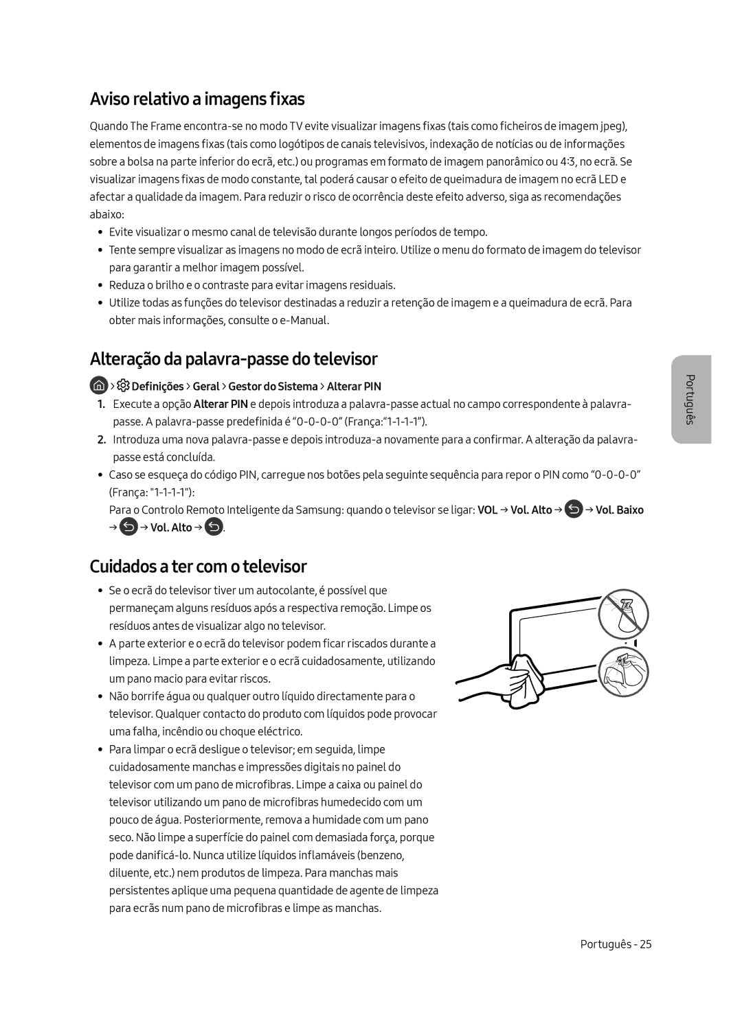 Samsung UE43LS003AUXXC, UE43LS003AUXZG manual Aviso relativo a imagens fixas, Alteração da palavra-passe do televisor 