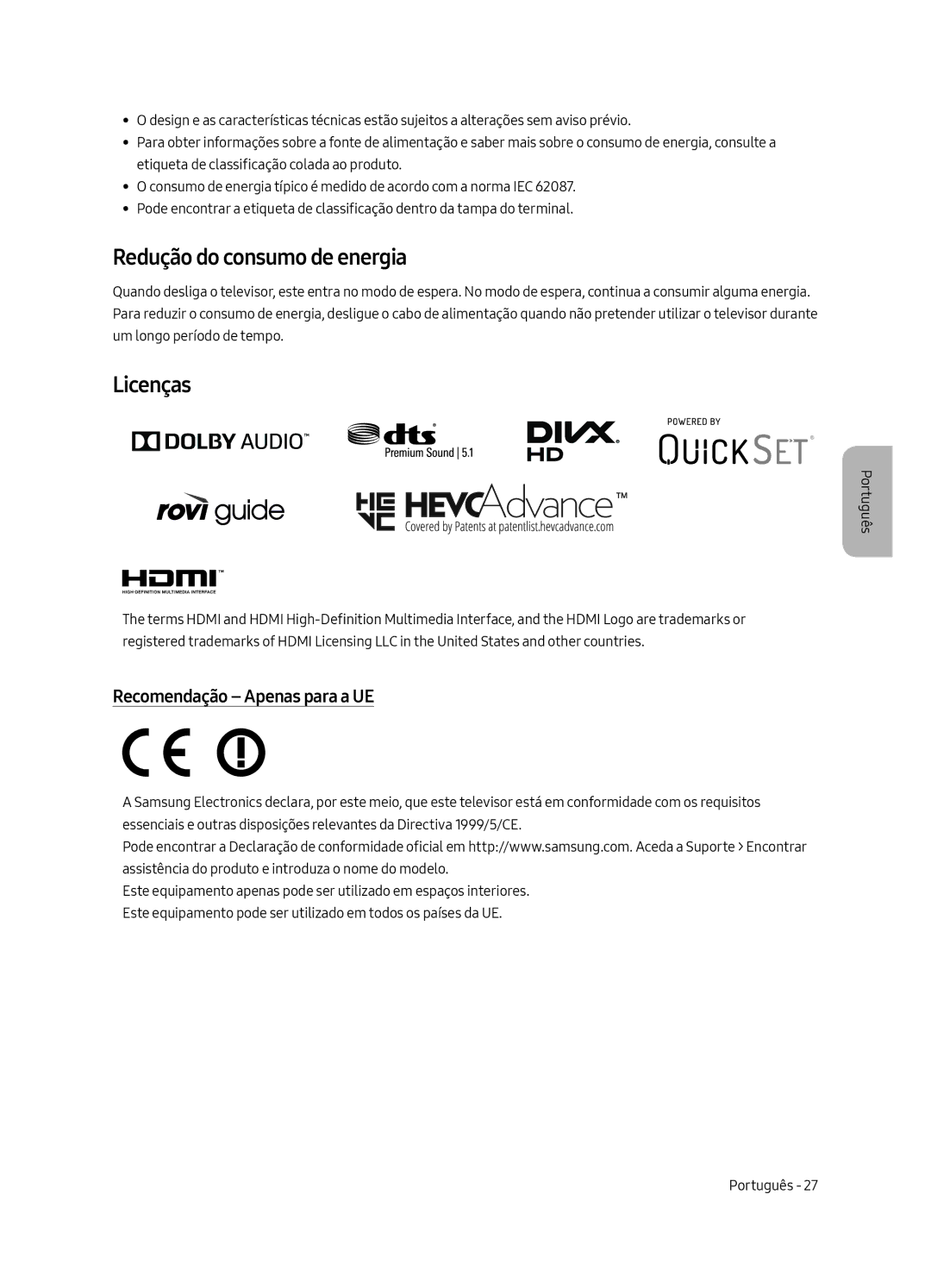 Samsung UE43LS003AUXXU, UE43LS003AUXZG manual Redução do consumo de energia, Licenças, Recomendação Apenas para a UE 