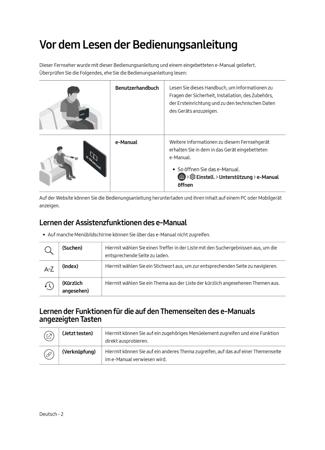 Samsung UE43LS003AUXZT, UE43LS003AUXZG Vor dem Lesen der Bedienungsanleitung, Lernen der Assistenzfunktionen des e-Manual 