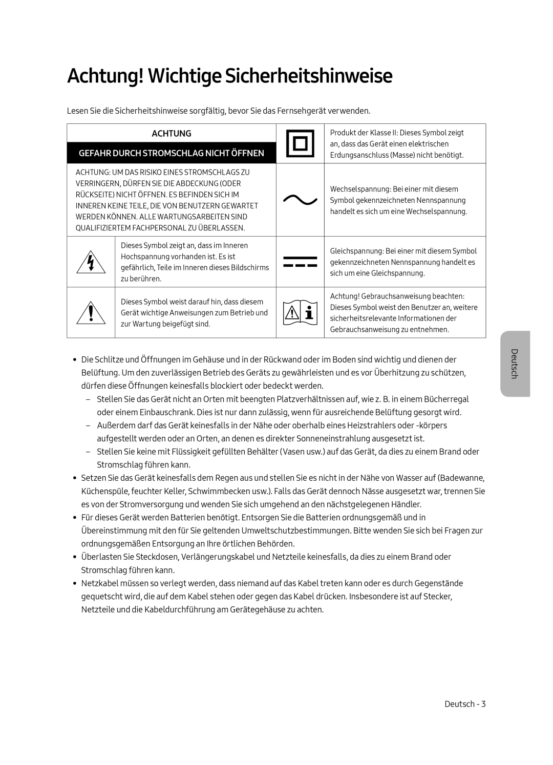 Samsung UE43LS003AUXXU, UE43LS003AUXZG, UE43LS003AUXXC, UE43LS003AUXZT manual Achtung! Wichtige Sicherheitshinweise 