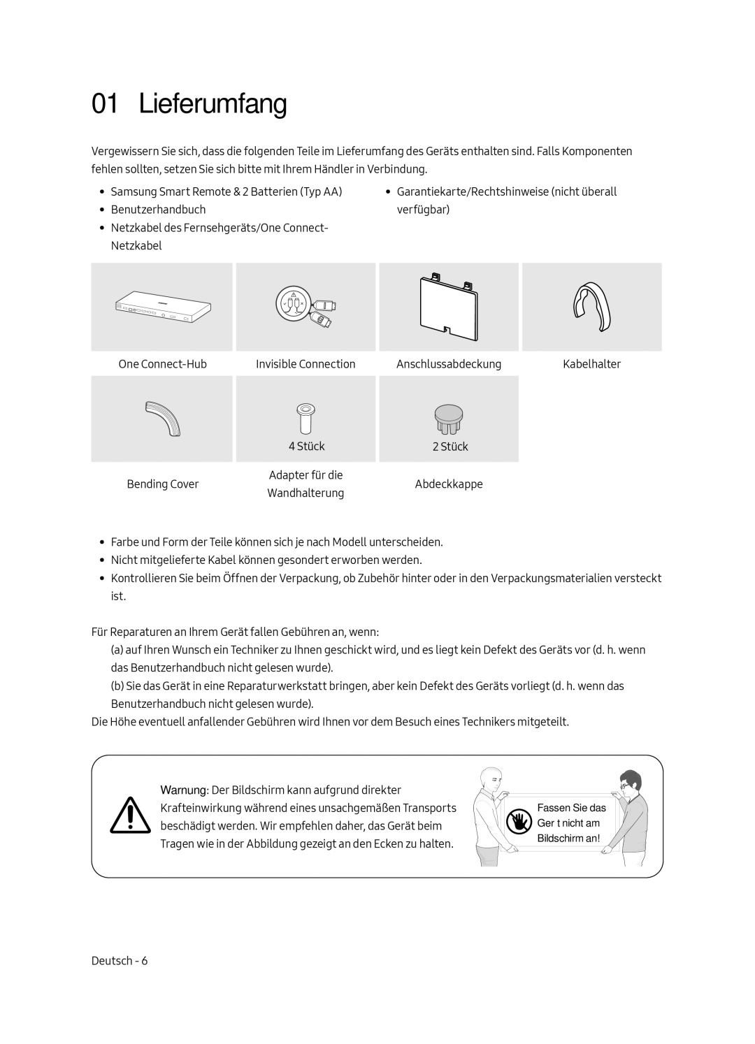 Samsung UE43LS003AUXZT, UE43LS003AUXZG, UE43LS003AUXXC, UE43LS003AUXXU manual Lieferumfang 