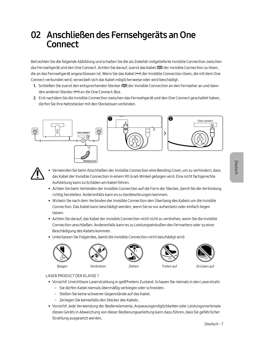 Samsung UE43LS003AUXXU, UE43LS003AUXZG manual Anschließen des Fernsehgeräts an One Connect, Laser Product DER Klasse 