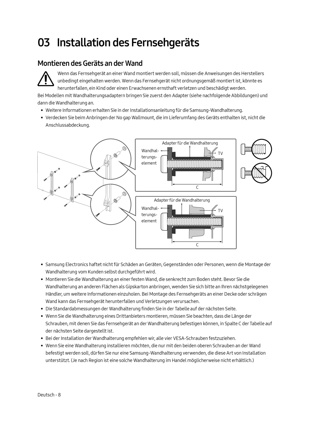 Samsung UE43LS003AUXZG, UE43LS003AUXXC, UE43LS003AUXZT Installation des Fernsehgeräts, Montieren des Geräts an der Wand 