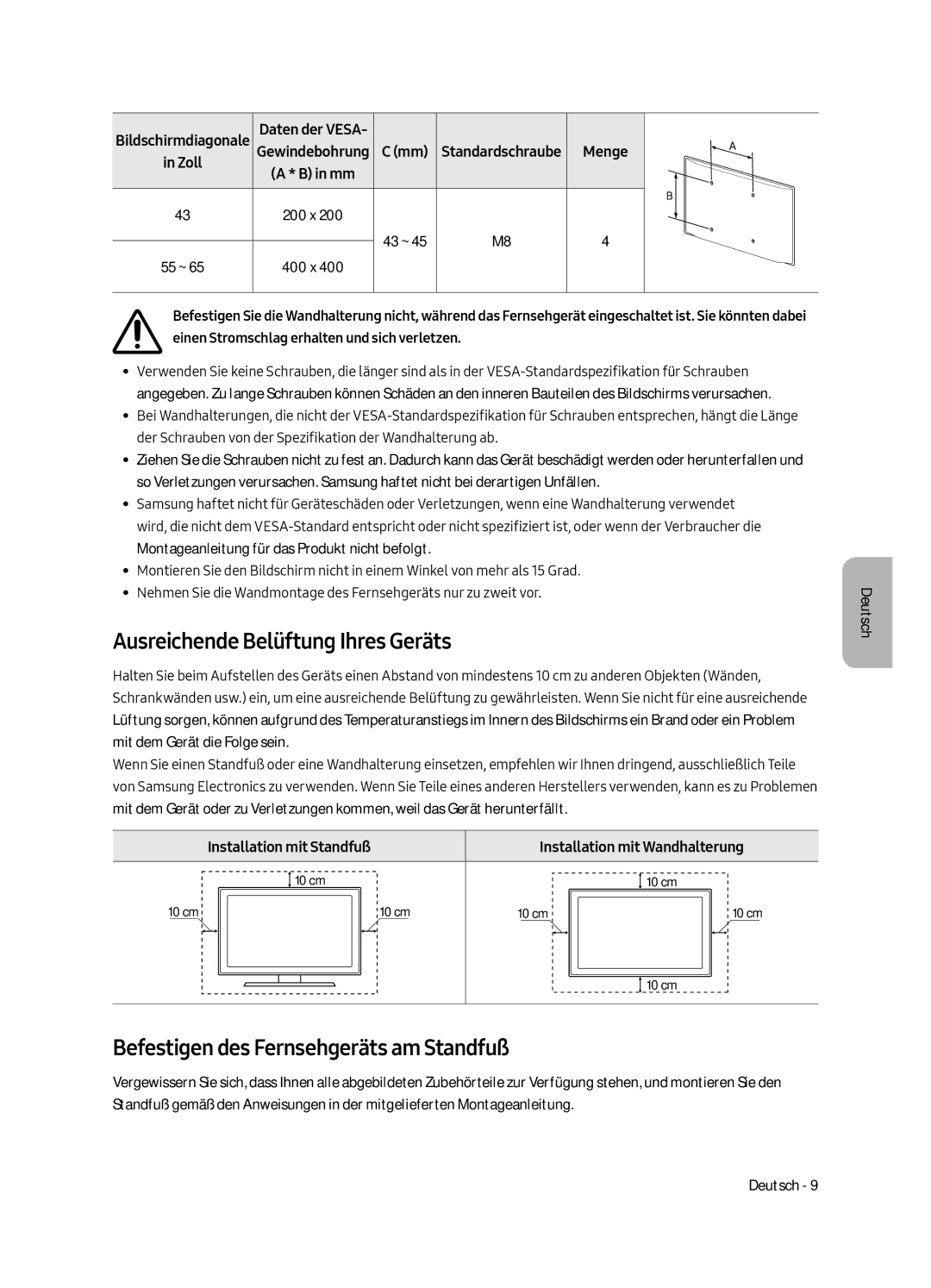 Samsung UE43LS003AUXXC, UE43LS003AUXZG manual Ausreichende Belüftung Ihres Geräts, Befestigen des Fernsehgeräts am Standfuß 