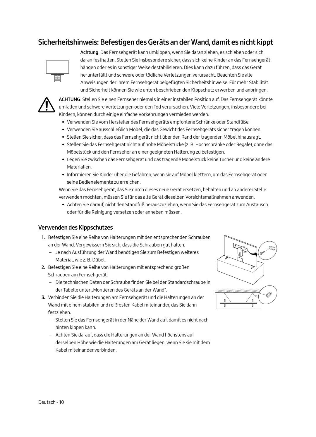 Samsung UE43LS003AUXZT, UE43LS003AUXZG, UE43LS003AUXXC, UE43LS003AUXXU manual Verwenden des Kippschutzes 