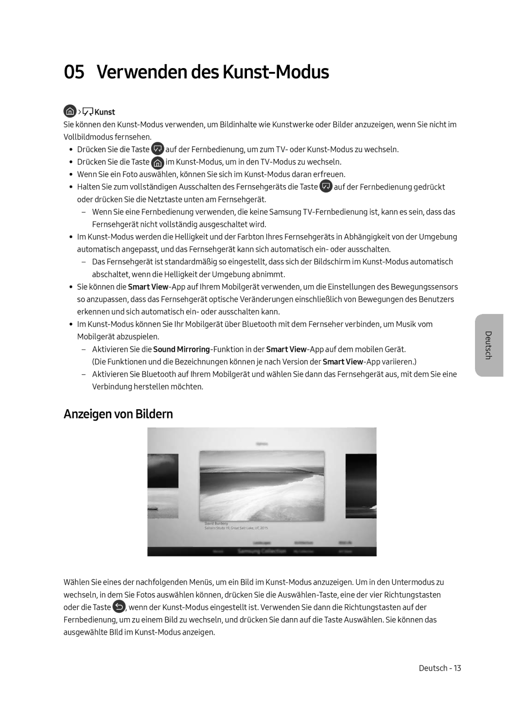 Samsung UE43LS003AUXXC, UE43LS003AUXZG, UE43LS003AUXZT, UE43LS003AUXXU manual Verwenden des Kunst-Modus, Anzeigen von Bildern 