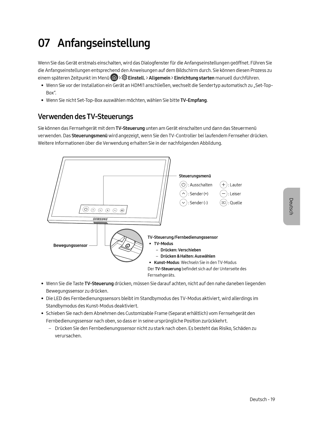 Samsung UE43LS003AUXXU, UE43LS003AUXZG, UE43LS003AUXXC, UE43LS003AUXZT manual Anfangseinstellung, Verwenden des TV-Steuerungs 