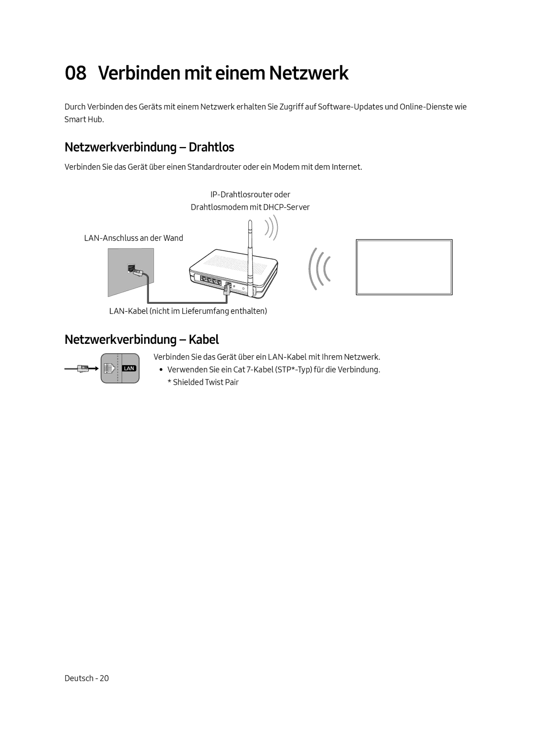 Samsung UE43LS003AUXZG, UE43LS003AUXXC Verbinden mit einem Netzwerk, Netzwerkverbindung Drahtlos, Netzwerkverbindung Kabel 