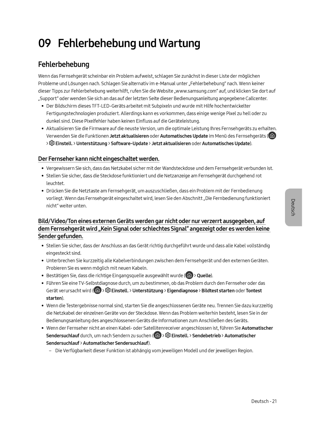 Samsung UE43LS003AUXXC, UE43LS003AUXZG manual Fehlerbehebung und Wartung, Der Fernseher kann nicht eingeschaltet werden 