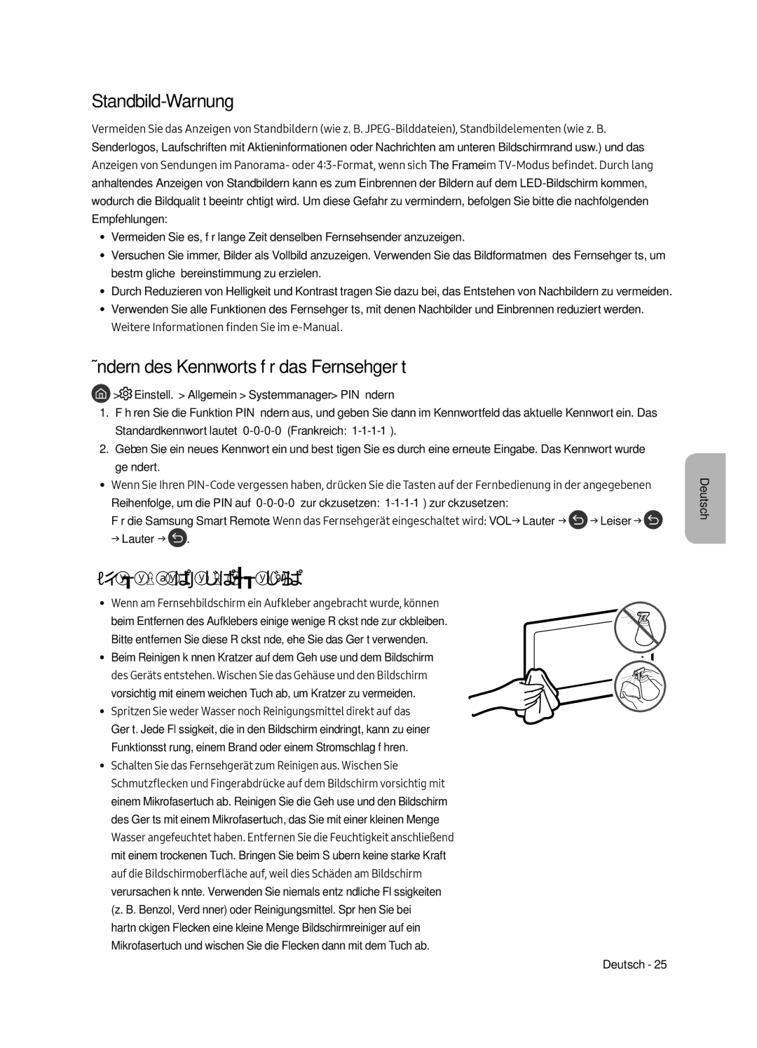 Samsung UE43LS003AUXXC Standbild-Warnung, Ändern des Kennworts für das Fernsehgerät, Pflegen des Fernsehgeräts, → Lauter → 
