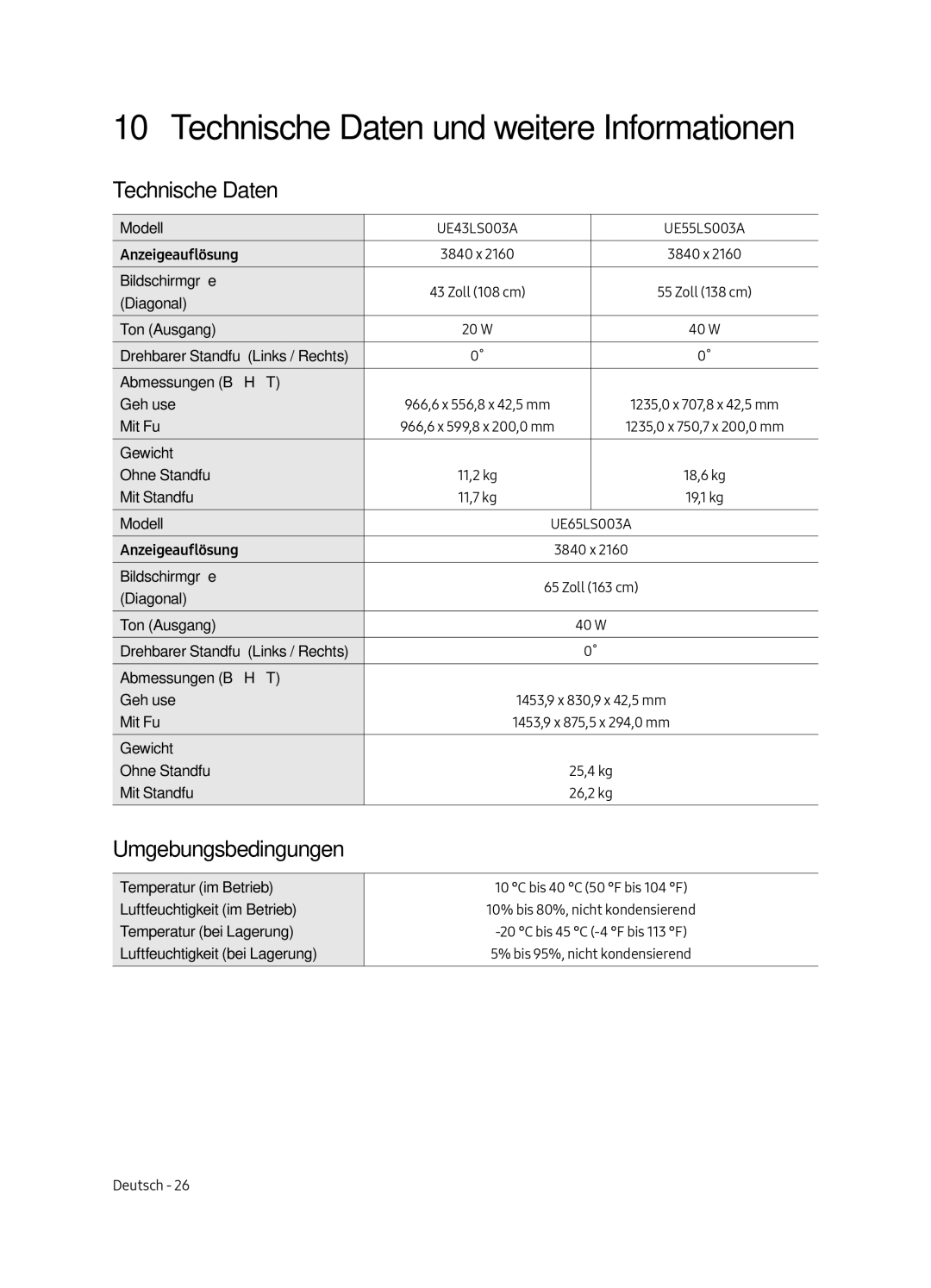 Samsung UE43LS003AUXZT, UE43LS003AUXZG, UE43LS003AUXXC, UE43LS003AUXXU manual Technische Daten, Umgebungsbedingungen 