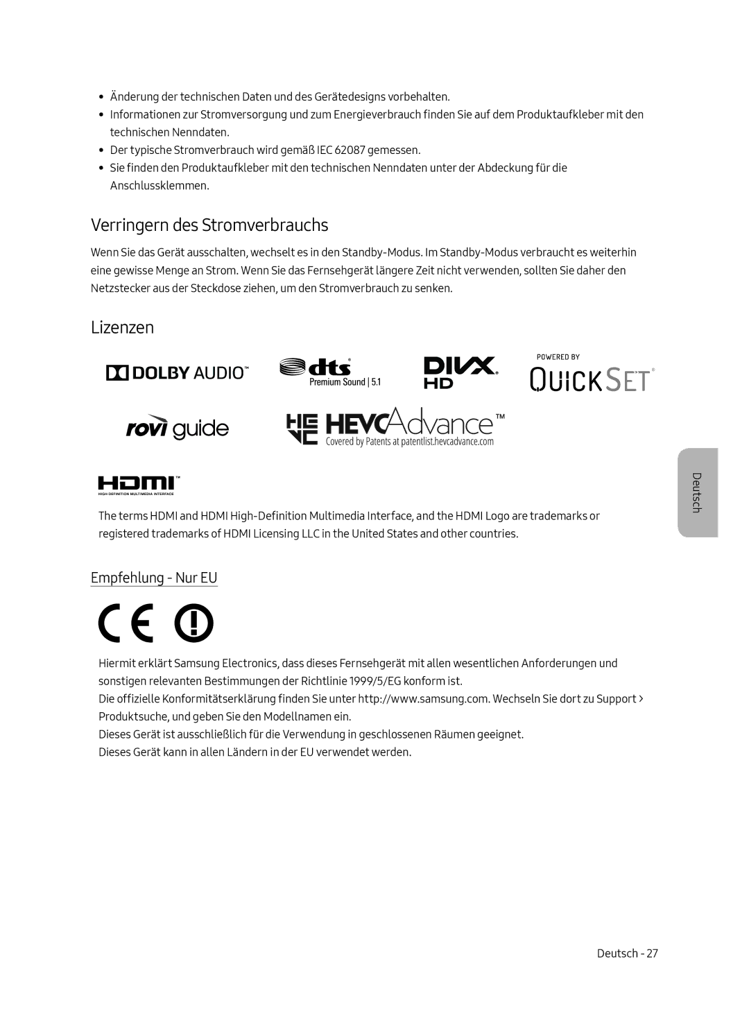 Samsung UE43LS003AUXXU, UE43LS003AUXZG, UE43LS003AUXXC manual Verringern des Stromverbrauchs, Lizenzen, Empfehlung Nur EU 