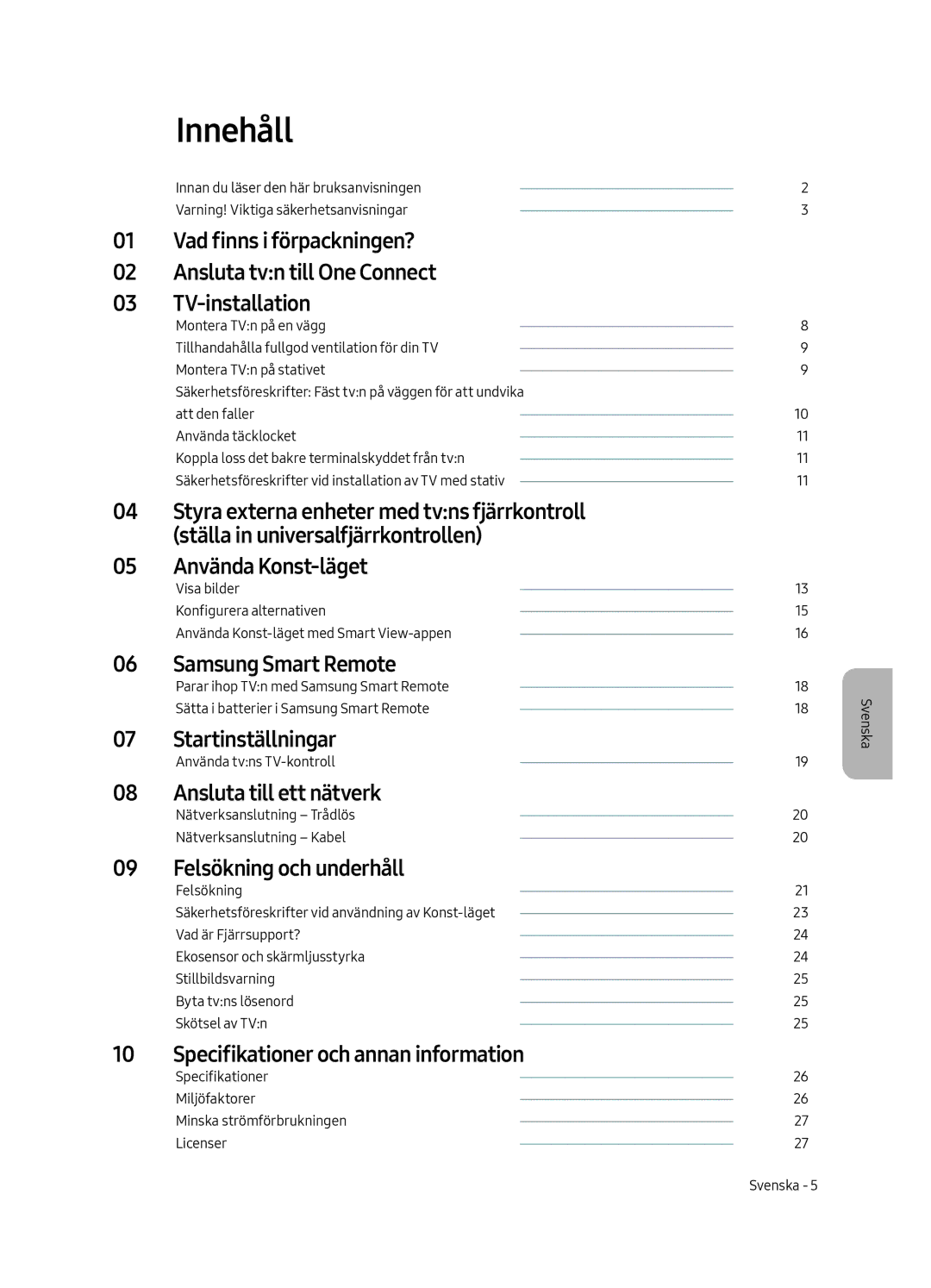 Samsung UE43LS003AUXXC, UE43LS003AUXZG, UE43LS003AUXZT, UE43LS003AUXXU manual Innehåll 