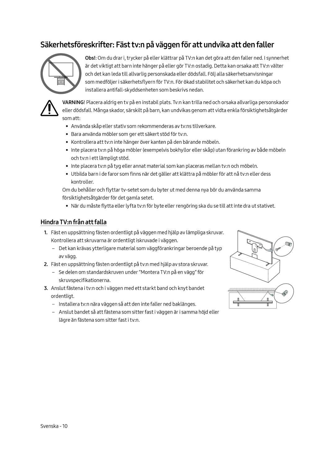 Samsung UE43LS003AUXZT, UE43LS003AUXZG, UE43LS003AUXXC, UE43LS003AUXXU manual Hindra TVn från att falla 