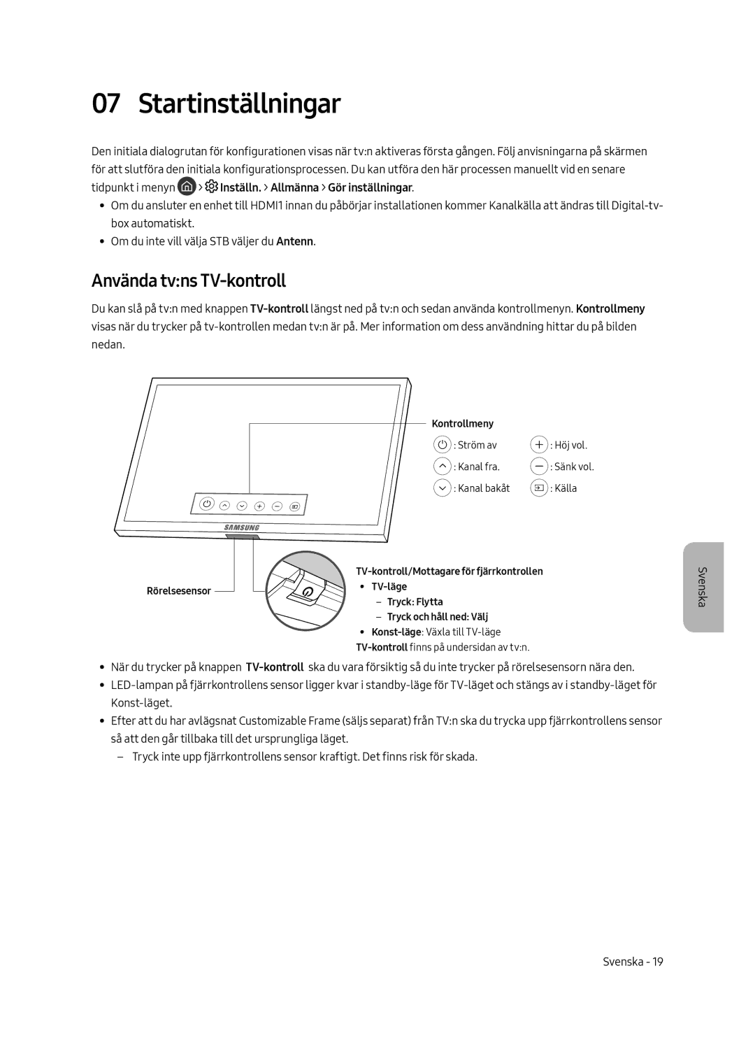 Samsung UE43LS003AUXXU, UE43LS003AUXZG, UE43LS003AUXXC, UE43LS003AUXZT manual Startinställningar, Använda tvns TV-kontroll 