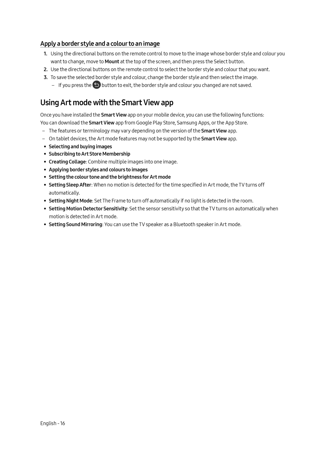 Samsung UE43LS003AUXZG manual Using Art mode with the Smart View app, Apply a border style and a colour to an image 