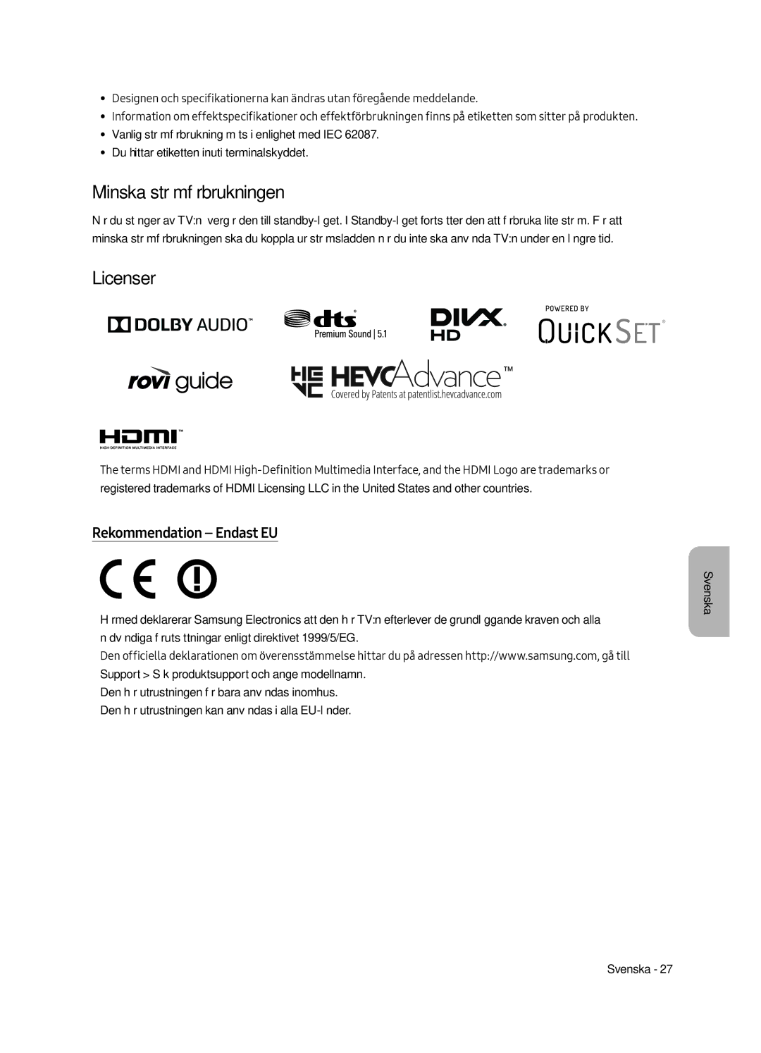 Samsung UE43LS003AUXXU, UE43LS003AUXZG, UE43LS003AUXXC manual Minska strömförbrukningen, Licenser, Rekommendation Endast EU 