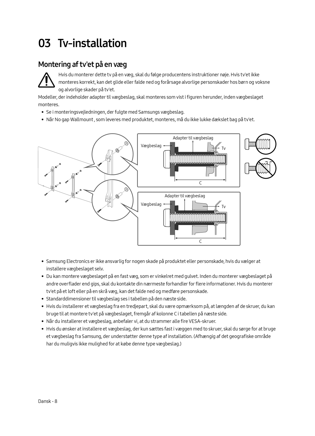 Samsung UE43LS003AUXZG, UE43LS003AUXXC, UE43LS003AUXZT, UE43LS003AUXXU manual Tv-installation, Montering af tvet på en væg 