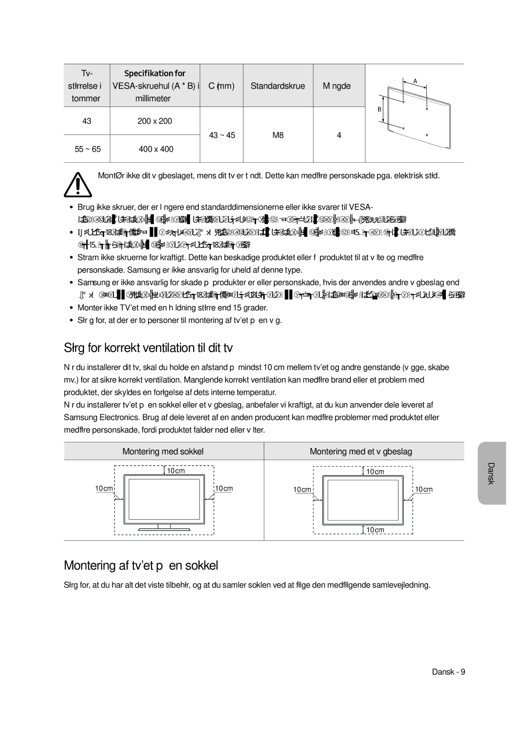 Samsung UE43LS003AUXXC manual Sørg for korrekt ventilation til dit tv, Montering af tvet på en sokkel, Specifikation for 