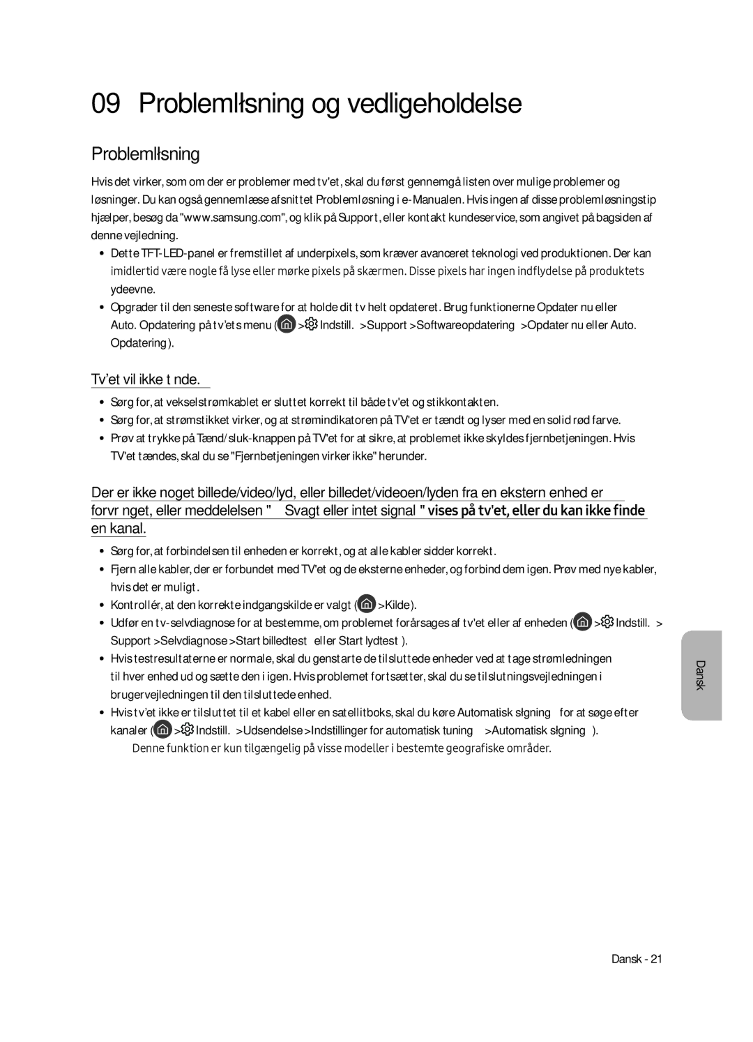 Samsung UE43LS003AUXXC, UE43LS003AUXZG, UE43LS003AUXZT manual Problemløsning og vedligeholdelse, Tvet vil ikke tænde 