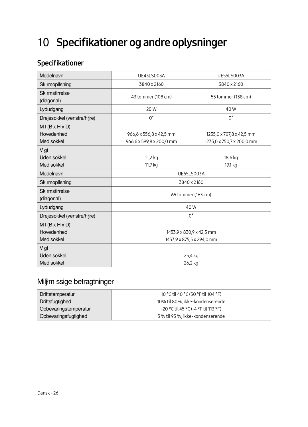 Samsung UE43LS003AUXZT, UE43LS003AUXZG, UE43LS003AUXXC Specifikationer og andre oplysninger, Miljømæssige betragtninger 