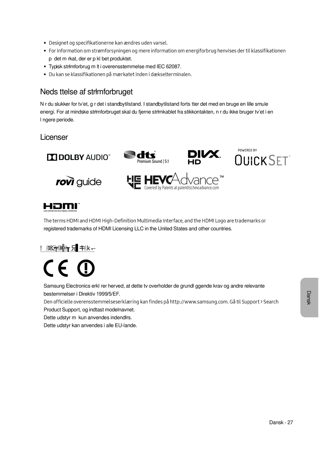 Samsung UE43LS003AUXXU, UE43LS003AUXZG, UE43LS003AUXXC, UE43LS003AUXZT manual Nedsættelse af strømforbruget, Anbefaling kun EU 