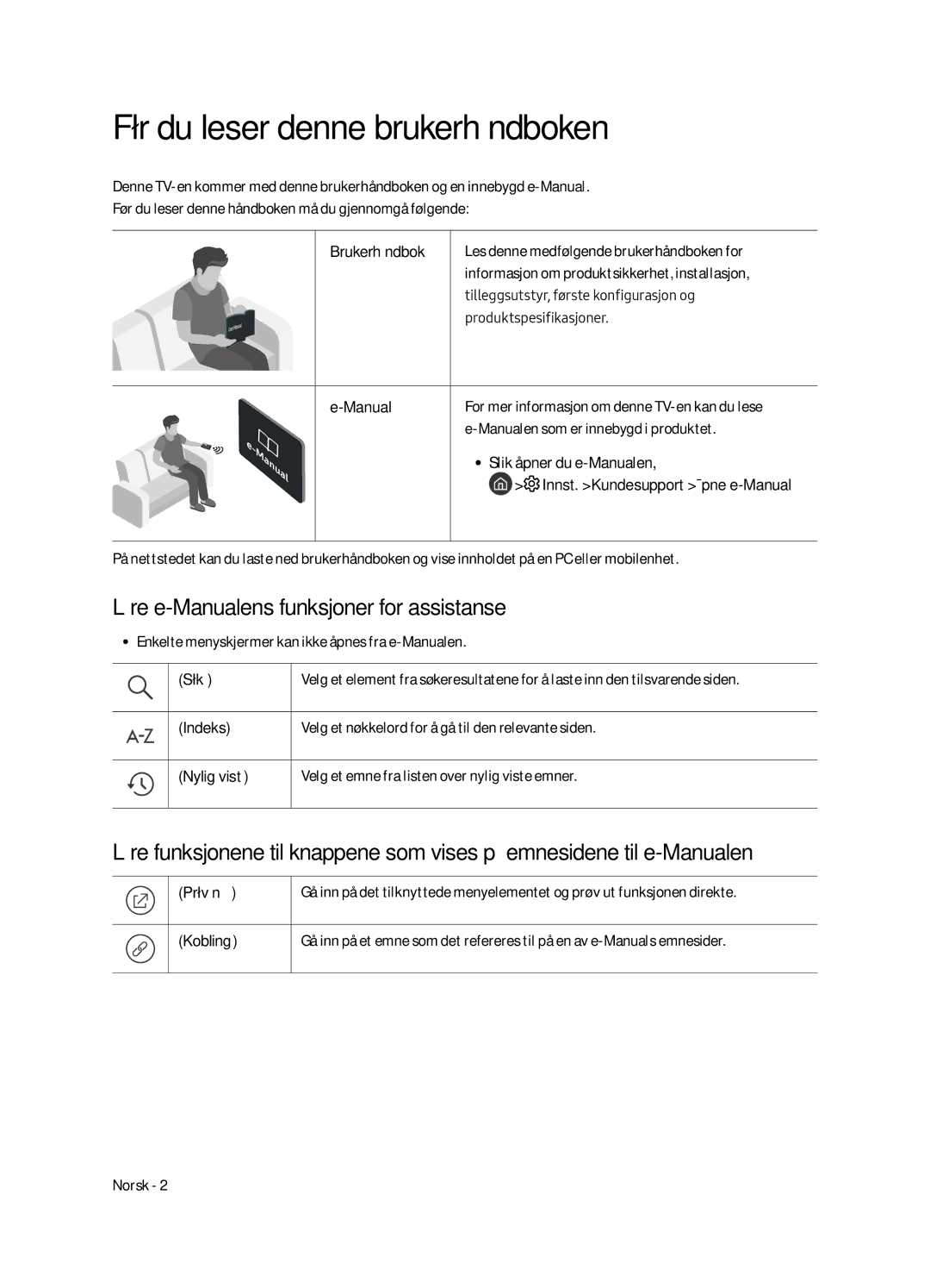 Samsung UE43LS003AUXZT, UE43LS003AUXZG manual Før du leser denne brukerhåndboken, Lære e-Manualens funksjoner for assistanse 