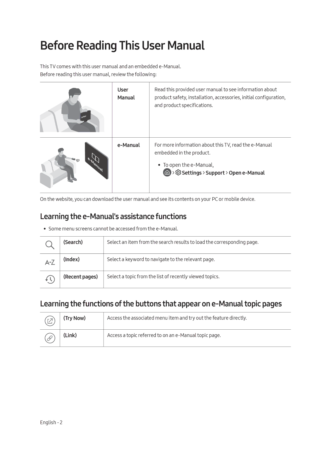 Samsung UE43LS003AUXZT, UE43LS003AUXZG, UE43LS003AUXXC, UE43LS003AUXXU manual Learning the e-Manuals assistance functions 