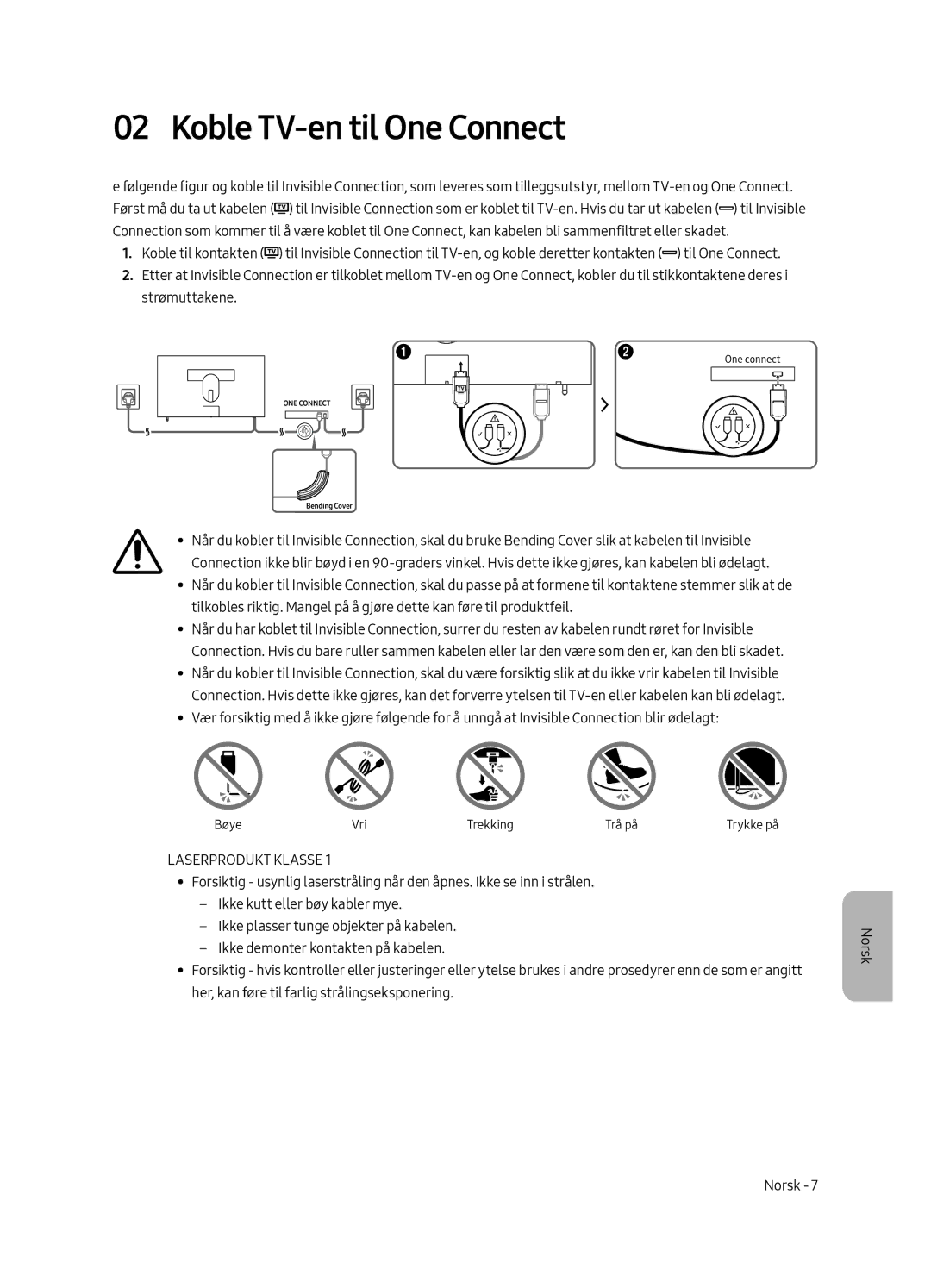 Samsung UE43LS003AUXXU, UE43LS003AUXZG, UE43LS003AUXXC, UE43LS003AUXZT manual Koble TV-en til One Connect, Laserprodukt Klasse 