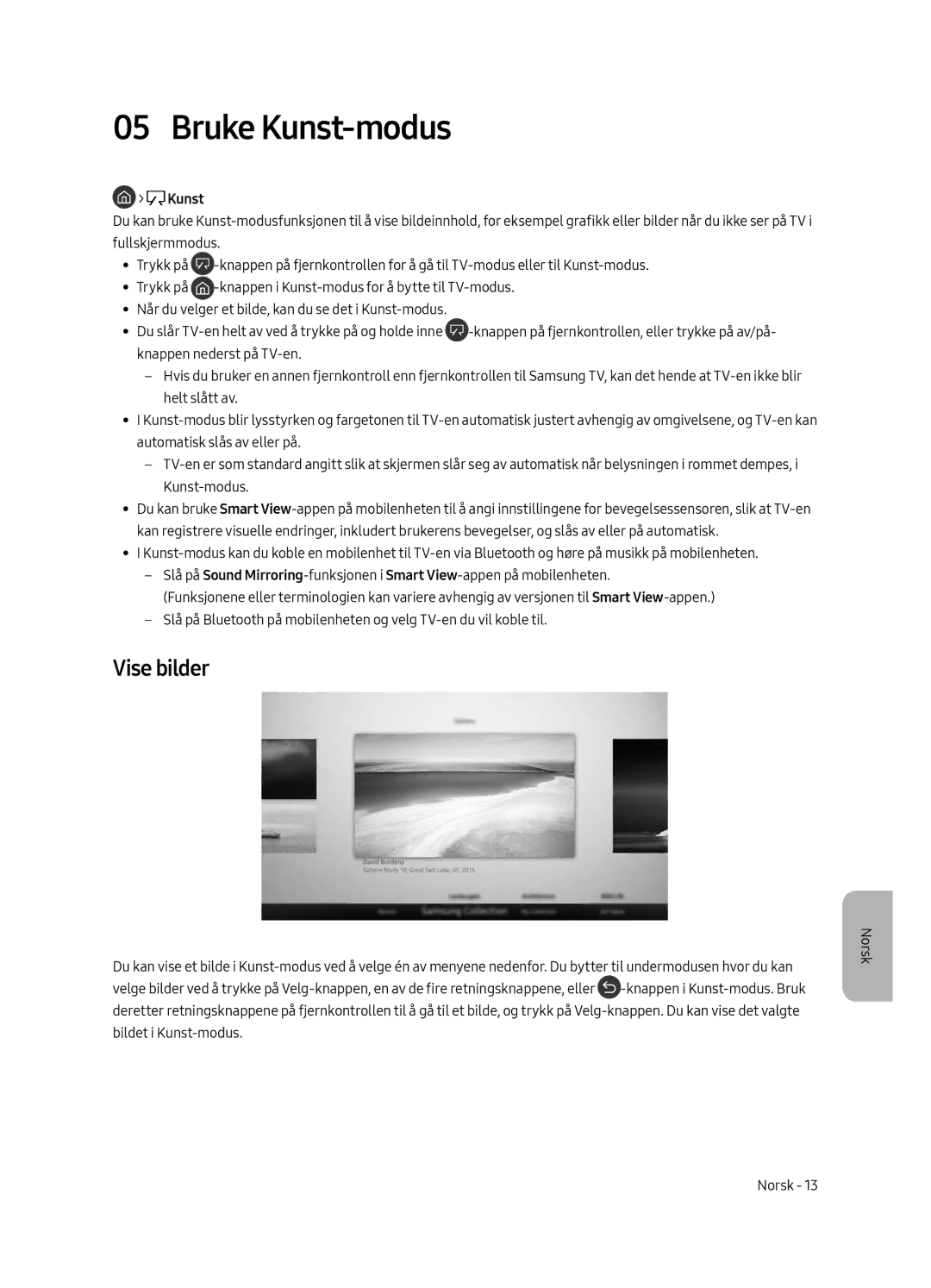 Samsung UE43LS003AUXXC, UE43LS003AUXZG, UE43LS003AUXZT, UE43LS003AUXXU manual Bruke Kunst-modus, Vise bilder 