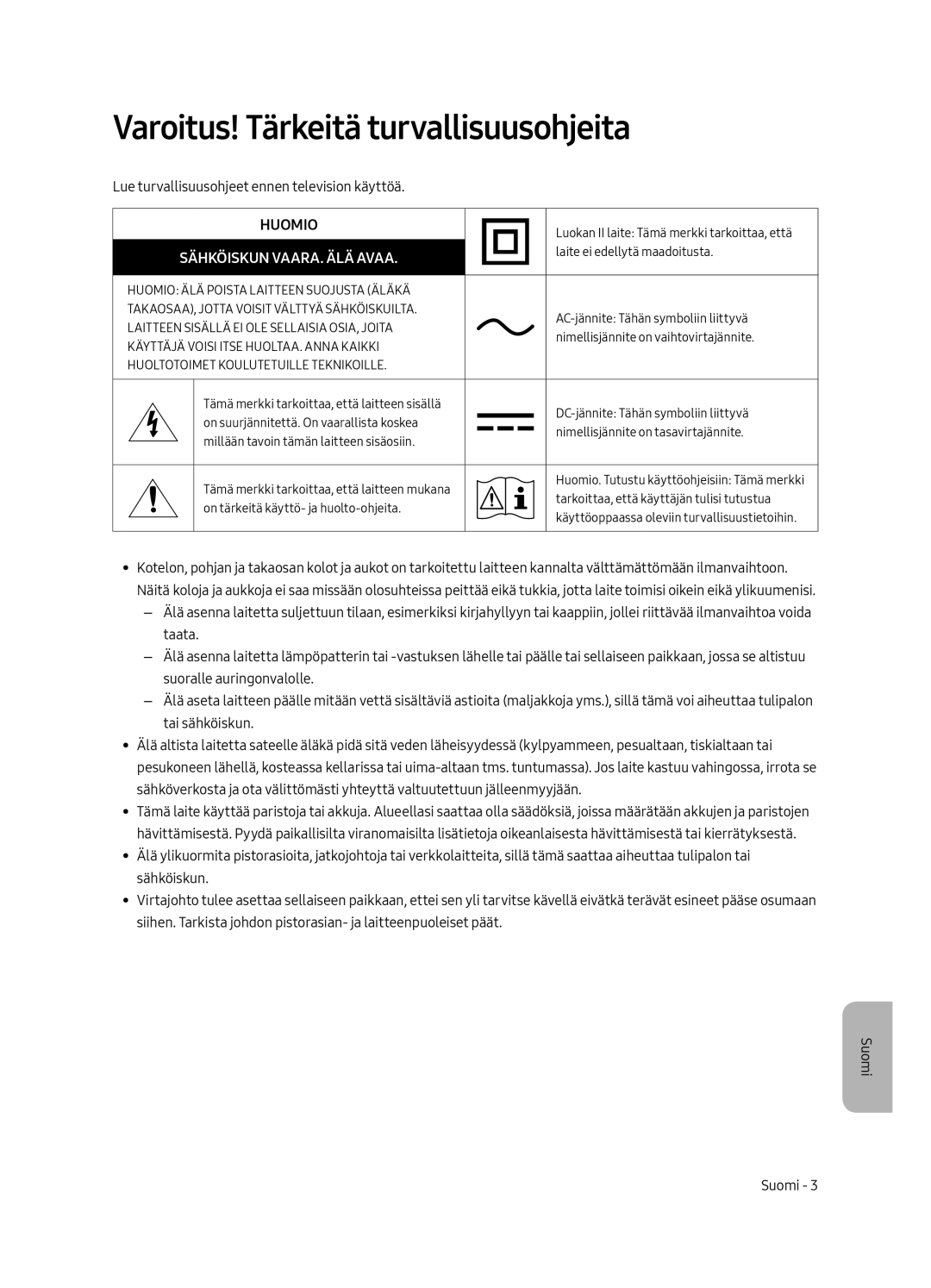Samsung UE43LS003AUXXU, UE43LS003AUXZG, UE43LS003AUXXC Varoitus! Tärkeitä turvallisuusohjeita, Sähköiskun VAARA. ÄLÄ Avaa 
