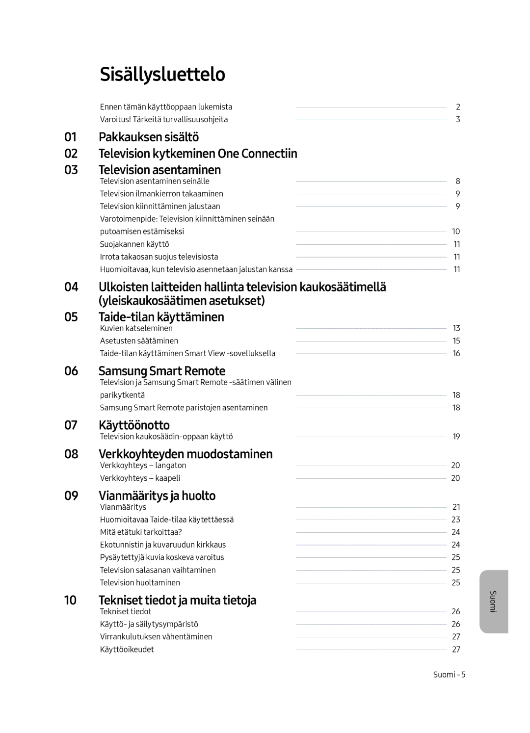 Samsung UE43LS003AUXXC, UE43LS003AUXZG, UE43LS003AUXZT, UE43LS003AUXXU manual Sisällysluettelo, Taide-tilan käyttäminen 